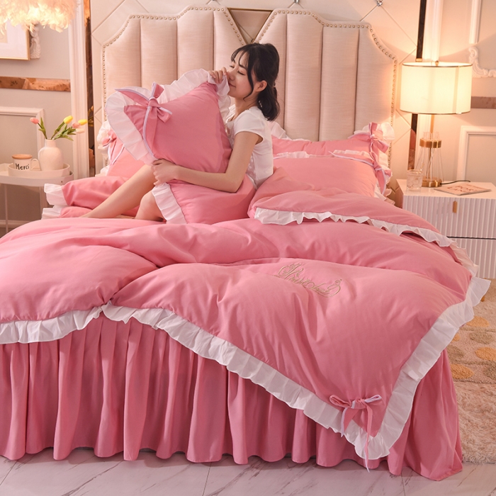 91家纺网 家纺一手货源 找家纺 欧冠 2022新款潮系列爱巢款床裙款刺绣四件套 深粉