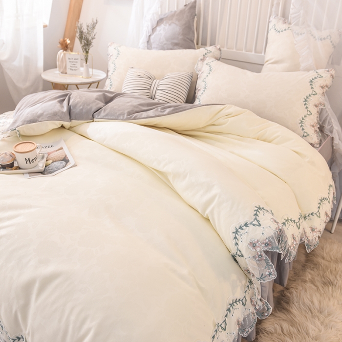 91家纺网 家纺一手货源 找家纺 欧冠 2022新款韩版水洗棉蕾丝玫瑰秘密系列四件套 玫瑰秘密-白灰