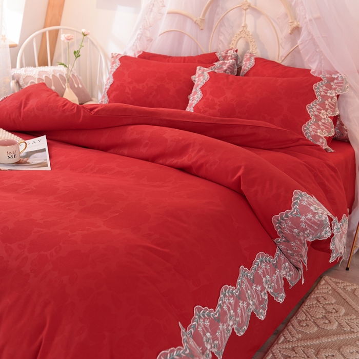 91家纺网 家纺一手货源 找家纺 欧冠 2022新款韩版水洗棉蕾丝玫瑰秘密系列四件套 玫瑰秘密-大红