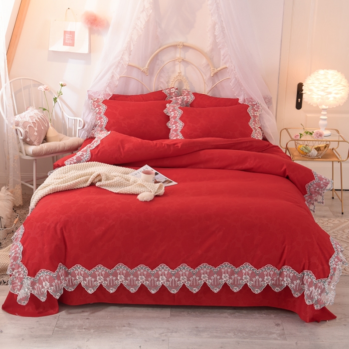 91家纺网 家纺一手货源 找家纺 欧冠 2022新款韩版水洗棉蕾丝玫瑰秘密系列四件套 玫瑰秘密-大红