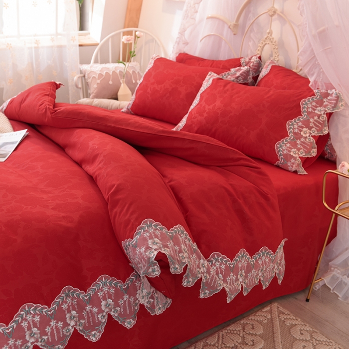 91家纺网 家纺一手货源 找家纺 欧冠 2022新款韩版水洗棉蕾丝玫瑰秘密系列四件套 玫瑰秘密-大红