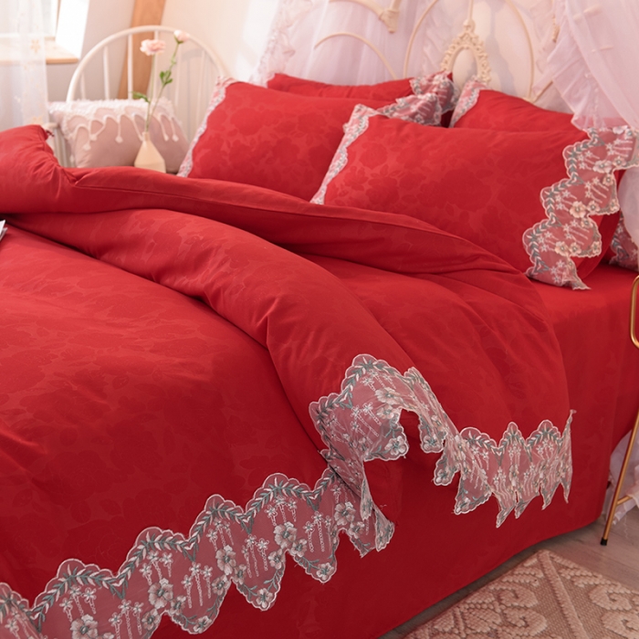 91家纺网 家纺一手货源 找家纺 欧冠 2022新款韩版水洗棉蕾丝玫瑰秘密系列四件套 玫瑰秘密-大红