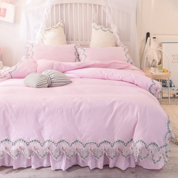 91家纺网 家纺一手货源 找家纺 欧冠 2022新款韩版水洗棉蕾丝玫瑰秘密系列四件套 玫瑰秘密-粉