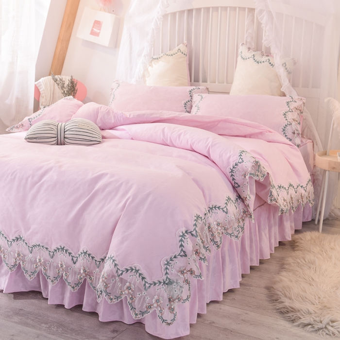 91家纺网 家纺一手货源 找家纺 欧冠 2022新款韩版水洗棉蕾丝玫瑰秘密系列四件套 玫瑰秘密-粉