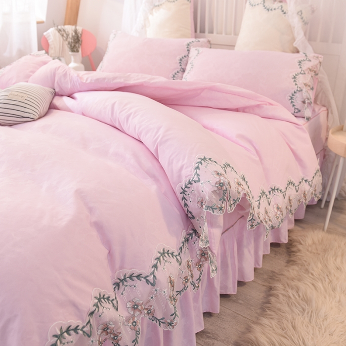 91家纺网 家纺一手货源 找家纺 欧冠 2022新款韩版水洗棉蕾丝玫瑰秘密系列四件套 玫瑰秘密-粉