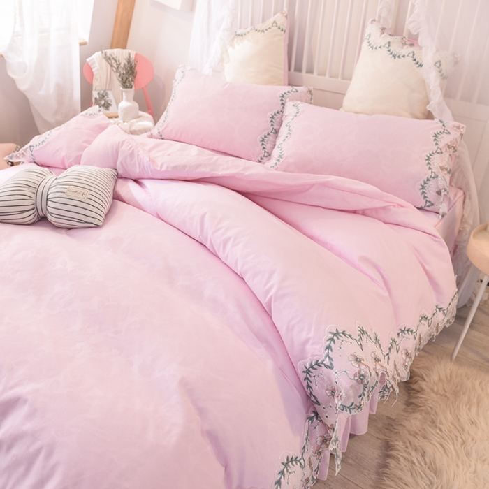 91家纺网 家纺一手货源 找家纺 欧冠 2022新款韩版水洗棉蕾丝玫瑰秘密系列四件套 玫瑰秘密-粉