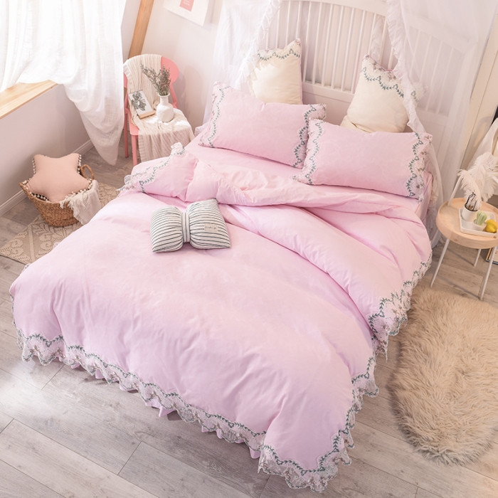 91家纺网 家纺一手货源 找家纺 欧冠 2022新款韩版水洗棉蕾丝玫瑰秘密系列四件套 玫瑰秘密-粉