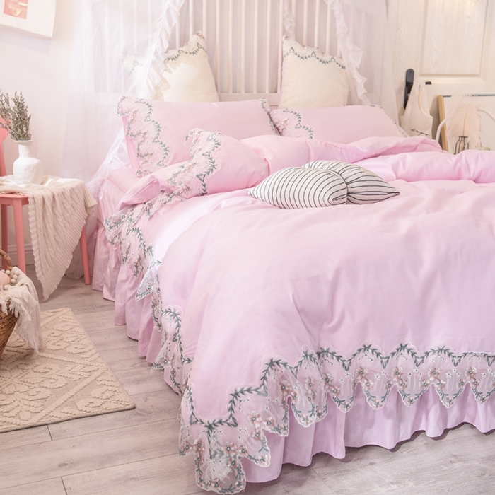 91家纺网 家纺一手货源 找家纺 欧冠 2022新款韩版水洗棉蕾丝玫瑰秘密系列四件套 玫瑰秘密-粉