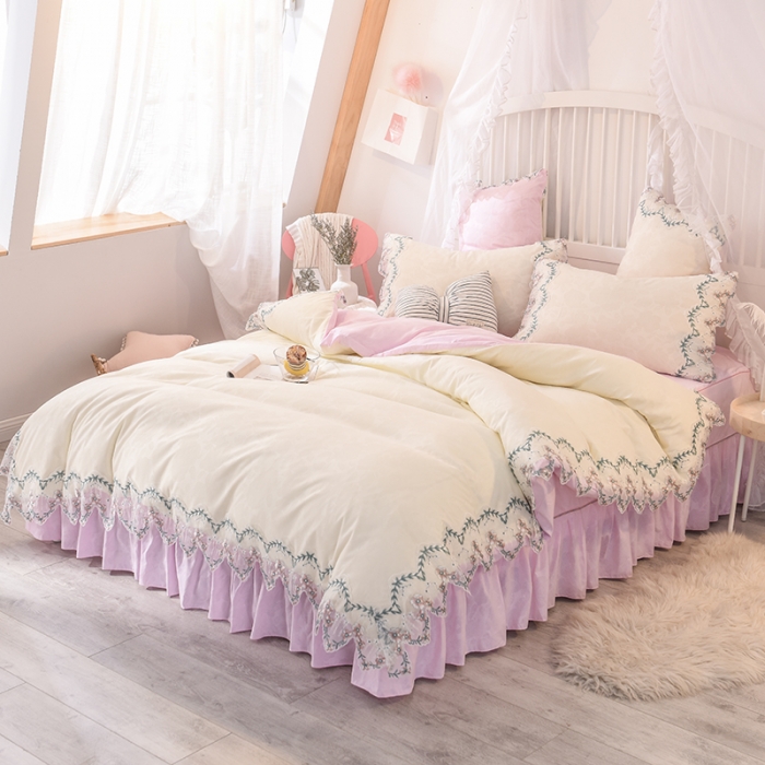 91家纺网 家纺一手货源 找家纺 欧冠 2022新款韩版水洗棉蕾丝玫瑰秘密系列四件套 玫瑰秘密-粉白