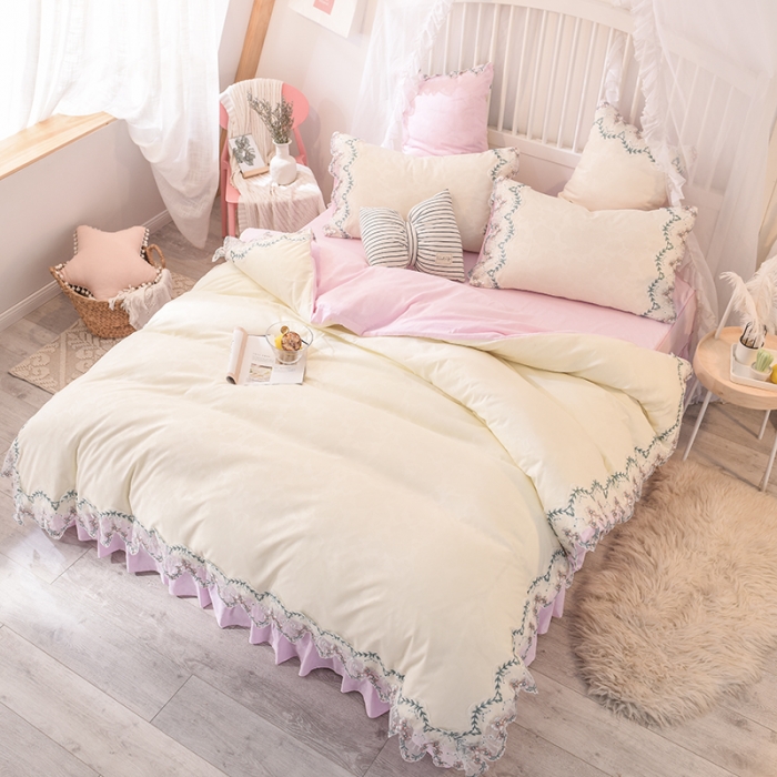 91家纺网 家纺一手货源 找家纺 欧冠 2022新款韩版水洗棉蕾丝玫瑰秘密系列四件套 玫瑰秘密-粉白