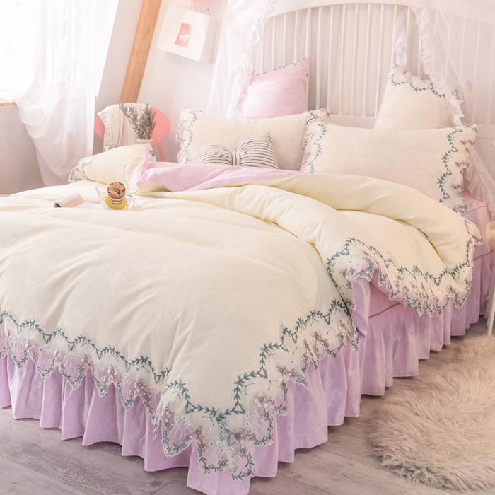 91家纺网 家纺一手货源 找家纺 欧冠 2022新款韩版水洗棉蕾丝玫瑰秘密系列四件套 玫瑰秘密-粉白