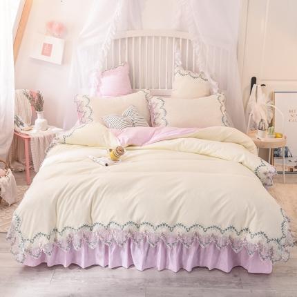 欧冠 2022新款韩版水洗棉蕾丝玫瑰秘密系列四件套 玫瑰秘密-粉白