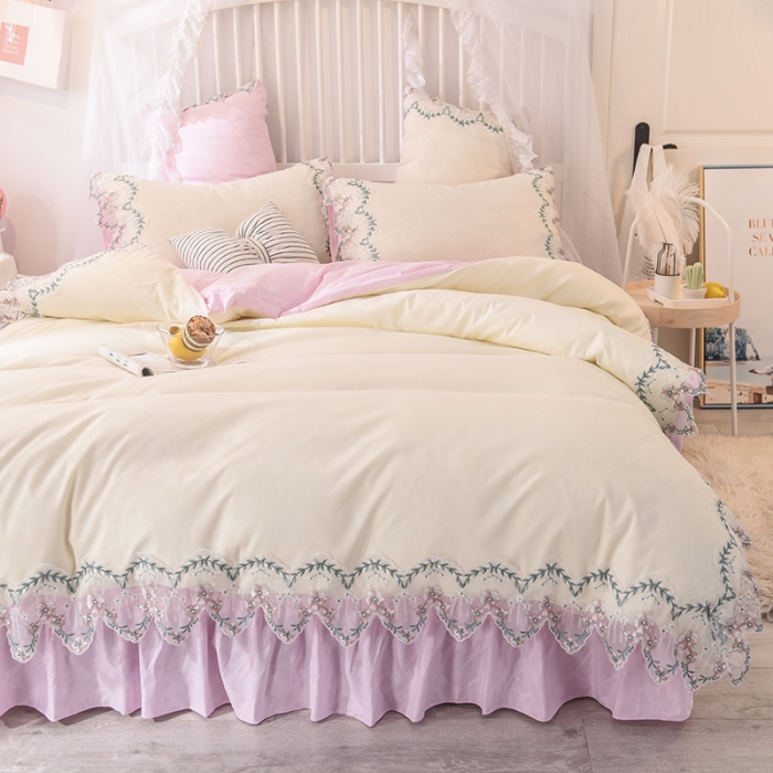 91家纺网 家纺一手货源 找家纺 欧冠 2022新款韩版水洗棉蕾丝玫瑰秘密系列四件套 玫瑰秘密-粉白