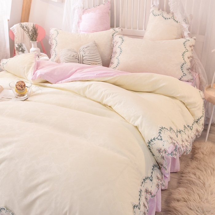 91家纺网 家纺一手货源 找家纺 欧冠 2022新款韩版水洗棉蕾丝玫瑰秘密系列四件套 玫瑰秘密-粉白