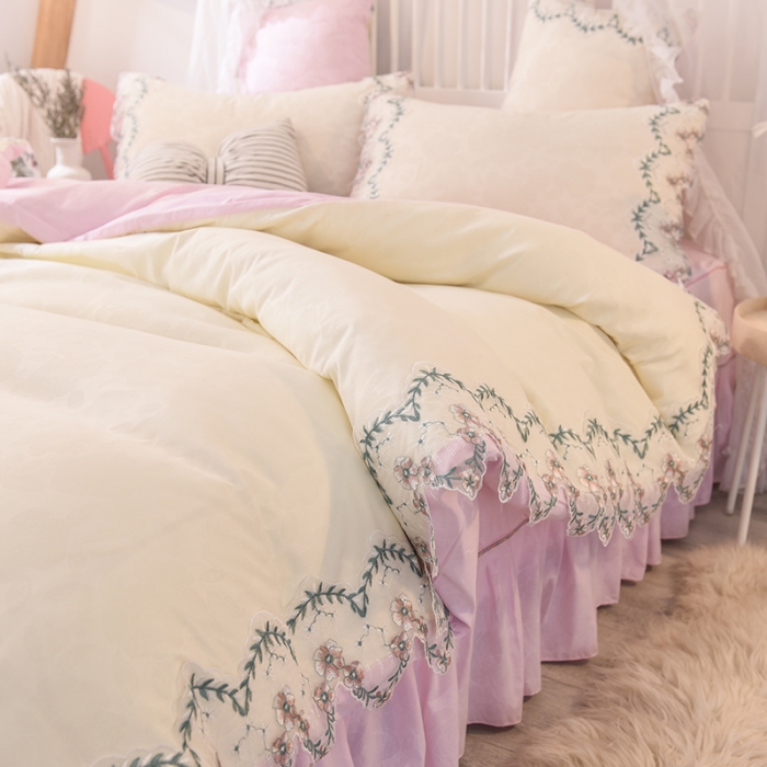 91家纺网 家纺一手货源 找家纺 欧冠 2022新款韩版水洗棉蕾丝玫瑰秘密系列四件套 玫瑰秘密-粉白