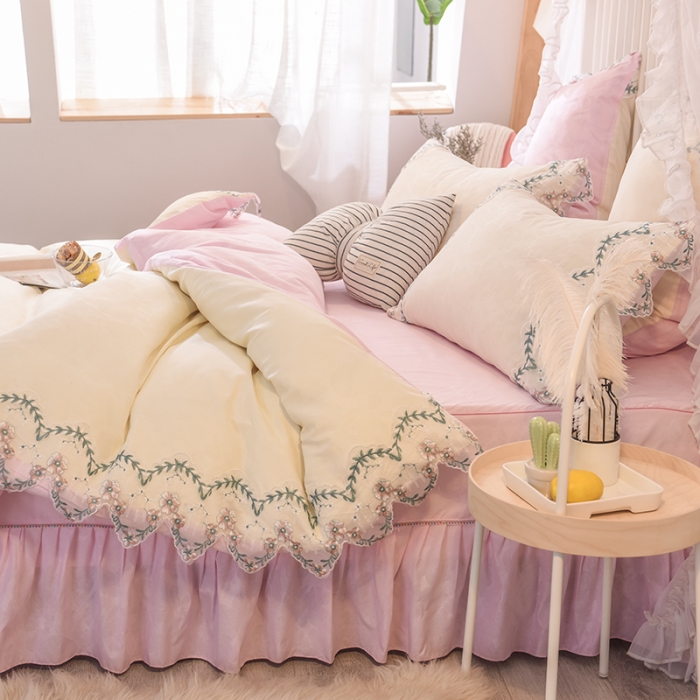 91家纺网 家纺一手货源 找家纺 欧冠 2022新款韩版水洗棉蕾丝玫瑰秘密系列四件套 玫瑰秘密-粉白