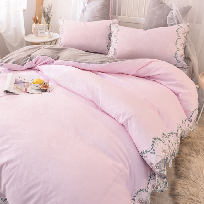 91家纺网 家纺一手货源 找家纺 欧冠 2022新款韩版水洗棉蕾丝玫瑰秘密系列四件套 玫瑰秘密-粉灰