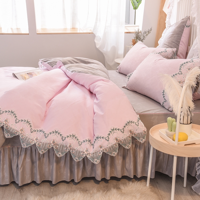 91家纺网 家纺一手货源 找家纺 欧冠 2022新款韩版水洗棉蕾丝玫瑰秘密系列四件套 玫瑰秘密-粉灰