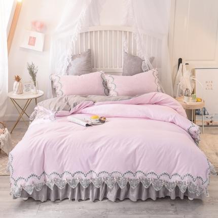 欧冠 2022新款韩版水洗棉蕾丝玫瑰秘密系列四件套 玫瑰秘密-粉灰
