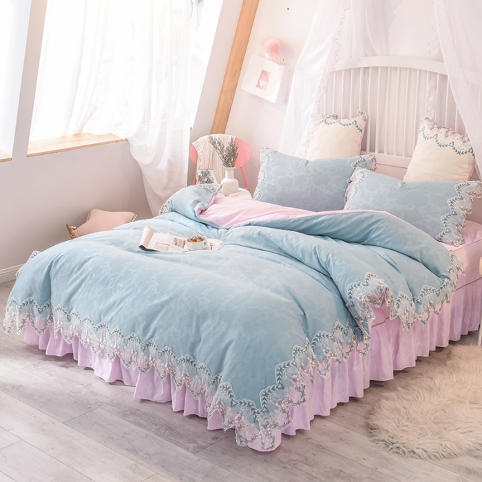 91家纺网 家纺一手货源 找家纺 欧冠 2022新款韩版水洗棉蕾丝玫瑰秘密系列四件套 玫瑰秘密-慕蓝+粉