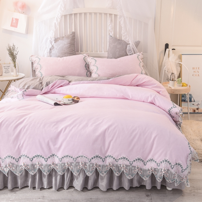 91家纺网 家纺一手货源 找家纺 欧冠 2022新款韩版水洗棉蕾丝玫瑰秘密系列四件套 玫瑰秘密-粉灰