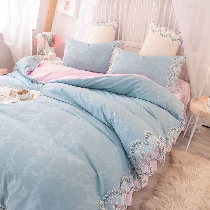 91家纺网 家纺一手货源 找家纺 欧冠 2022新款韩版水洗棉蕾丝玫瑰秘密系列四件套 玫瑰秘密-慕蓝+粉