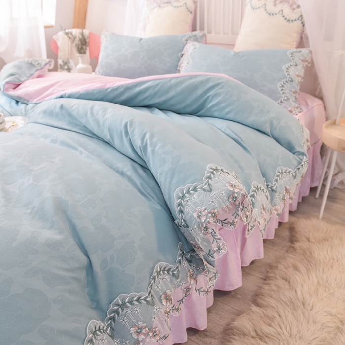 91家纺网 家纺一手货源 找家纺 欧冠 2022新款韩版水洗棉蕾丝玫瑰秘密系列四件套 玫瑰秘密-慕蓝+粉