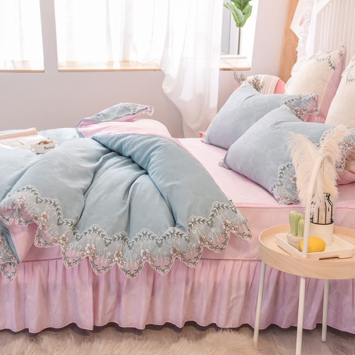 91家纺网 家纺一手货源 找家纺 欧冠 2022新款韩版水洗棉蕾丝玫瑰秘密系列四件套 玫瑰秘密-慕蓝+粉