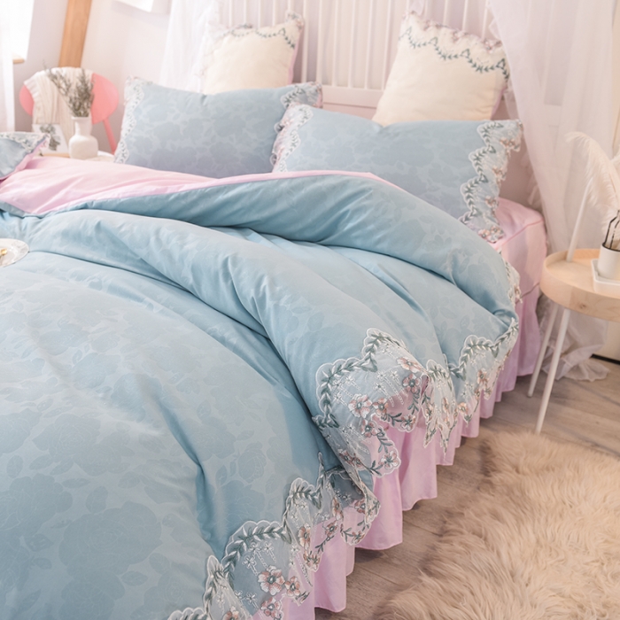 91家纺网 家纺一手货源 找家纺 欧冠 2022新款韩版水洗棉蕾丝玫瑰秘密系列四件套 玫瑰秘密-慕蓝+粉