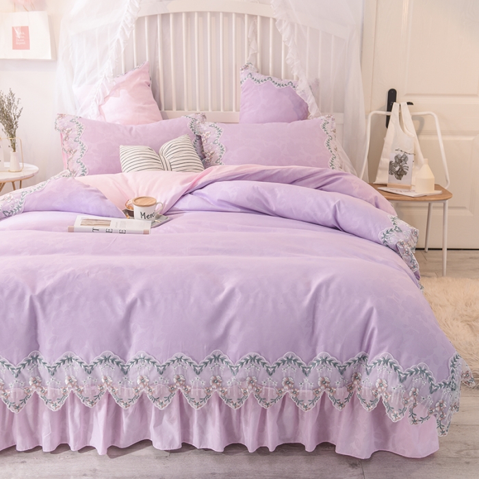 91家纺网 家纺一手货源 找家纺 欧冠 2022新款韩版水洗棉蕾丝玫瑰秘密系列四件套 玫瑰秘密-紫粉