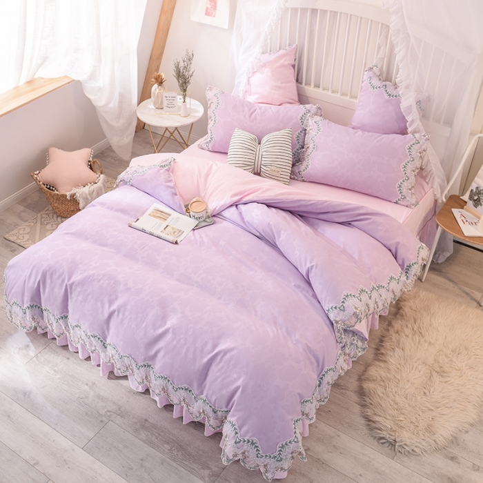 91家纺网 家纺一手货源 找家纺 欧冠 2022新款韩版水洗棉蕾丝玫瑰秘密系列四件套 玫瑰秘密-紫粉