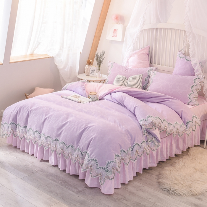 91家纺网 家纺一手货源 找家纺 欧冠 2022新款韩版水洗棉蕾丝玫瑰秘密系列四件套 玫瑰秘密-紫粉