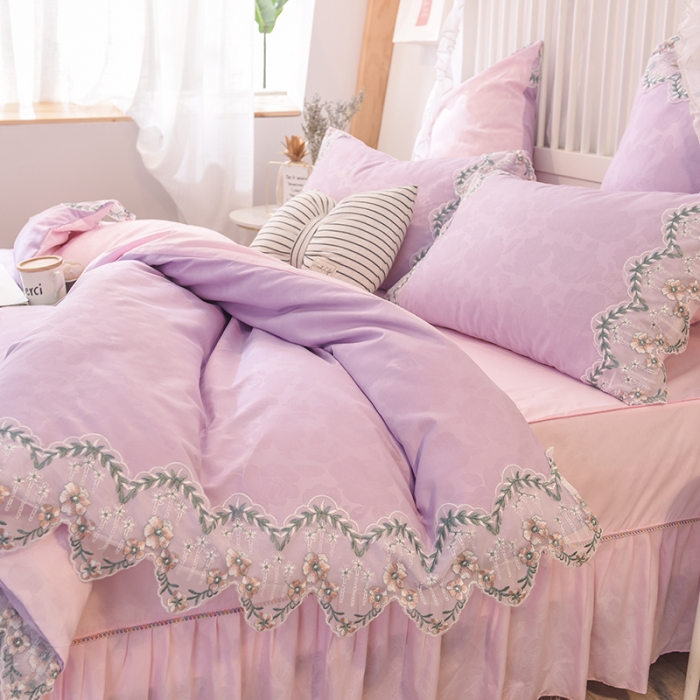 91家纺网 家纺一手货源 找家纺 欧冠 2022新款韩版水洗棉蕾丝玫瑰秘密系列四件套 玫瑰秘密-紫粉