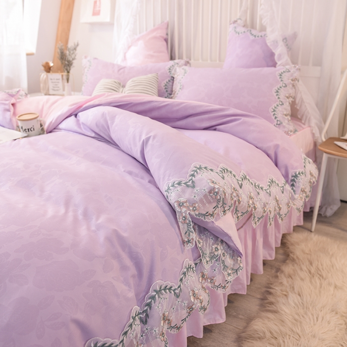 91家纺网 家纺一手货源 找家纺 欧冠 2022新款韩版水洗棉蕾丝玫瑰秘密系列四件套 玫瑰秘密-紫粉