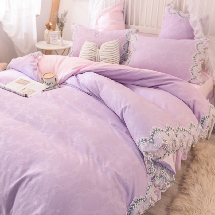 91家纺网 家纺一手货源 找家纺 欧冠 2022新款韩版水洗棉蕾丝玫瑰秘密系列四件套 玫瑰秘密-紫粉