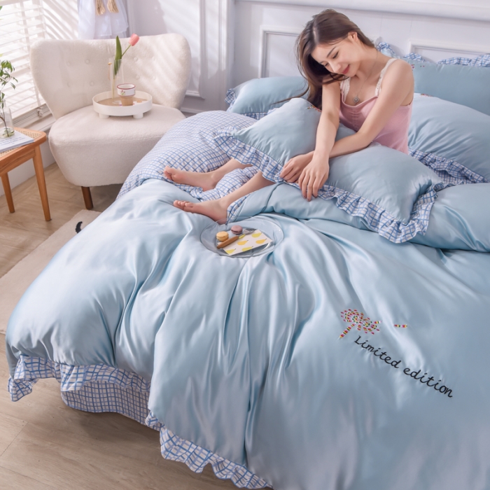 91家纺网 家纺一手货源 找家纺 (总)欧冠 2022新款水洗真丝加水洗棉刺绣幸福花系列四件套