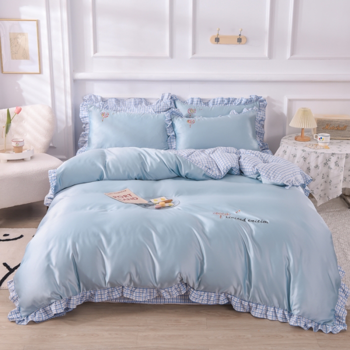 91家纺网 家纺一手货源 找家纺 (总)欧冠 2022新款水洗真丝加水洗棉刺绣幸福花系列四件套