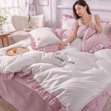 欧冠 2022新款水洗真丝加水洗棉刺绣幸福花系列四件套 幸福花-粉白