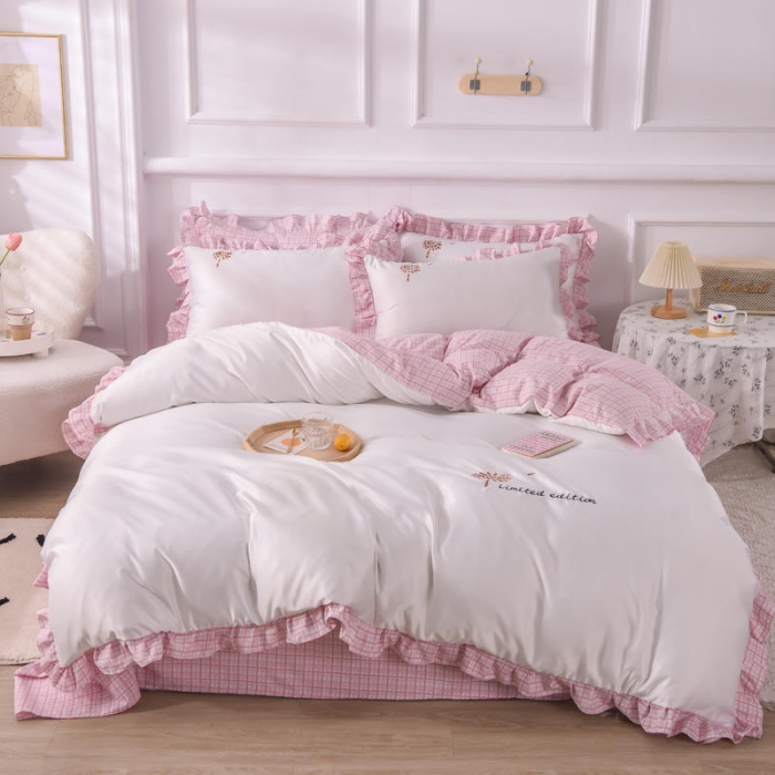 91家纺网 家纺一手货源 找家纺 欧冠 2022新款水洗真丝加水洗棉刺绣幸福花系列四件套 幸福花-粉白