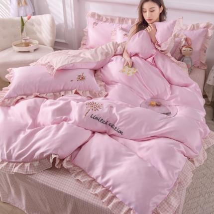 欧冠 2022新款水洗真丝加水洗棉刺绣幸福花系列四件套 幸福花-粉色