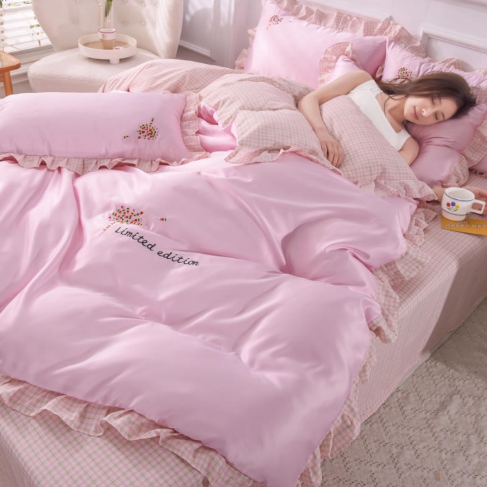 91家纺网 家纺一手货源 找家纺 欧冠 2022新款水洗真丝加水洗棉刺绣幸福花系列四件套 幸福花-粉色