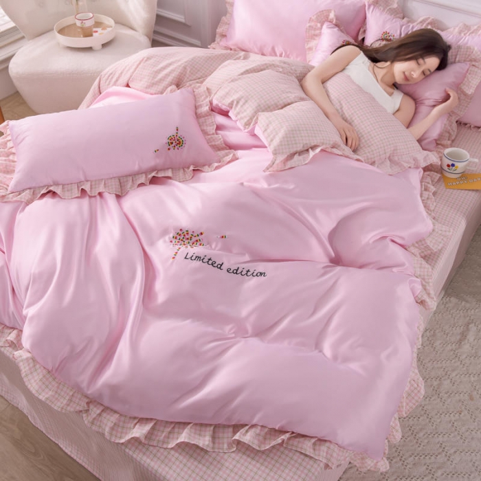 91家纺网 家纺一手货源 找家纺 欧冠 2022新款水洗真丝加水洗棉刺绣幸福花系列四件套 幸福花-粉色