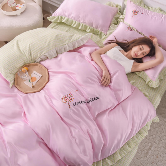 91家纺网 家纺一手货源 找家纺 欧冠 2022新款水洗真丝加水洗棉刺绣幸福花系列四件套 幸福花-嫩绿