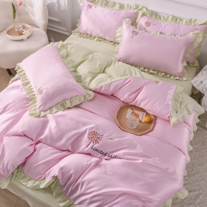 91家纺网 家纺一手货源 找家纺 欧冠 2022新款水洗真丝加水洗棉刺绣幸福花系列四件套 幸福花-嫩绿