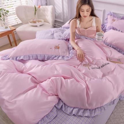 欧冠 2022新款水洗真丝加水洗棉刺绣幸福花系列四件套 幸福花-紫粉