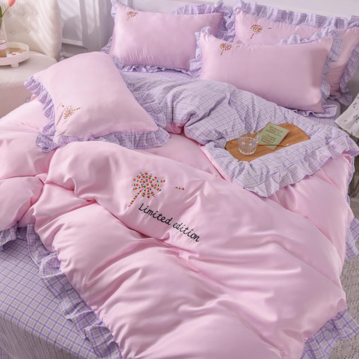 91家纺网 家纺一手货源 找家纺 欧冠 2022新款水洗真丝加水洗棉刺绣幸福花系列四件套 幸福花-紫粉