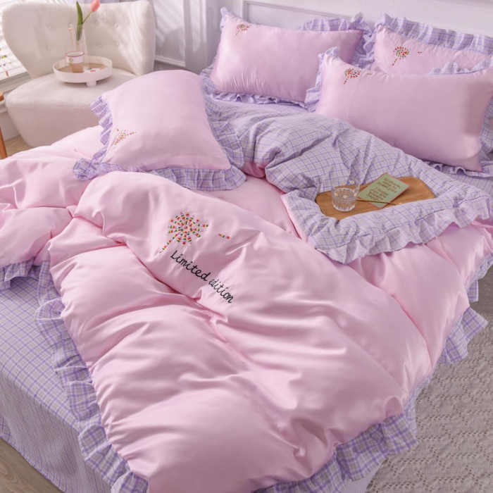 91家纺网 家纺一手货源 找家纺 欧冠 2022新款水洗真丝加水洗棉刺绣幸福花系列四件套 幸福花-紫粉