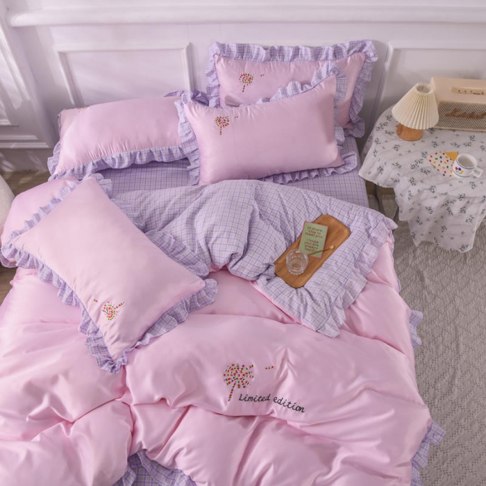 91家纺网 家纺一手货源 找家纺 欧冠 2022新款水洗真丝加水洗棉刺绣幸福花系列四件套 幸福花-紫粉