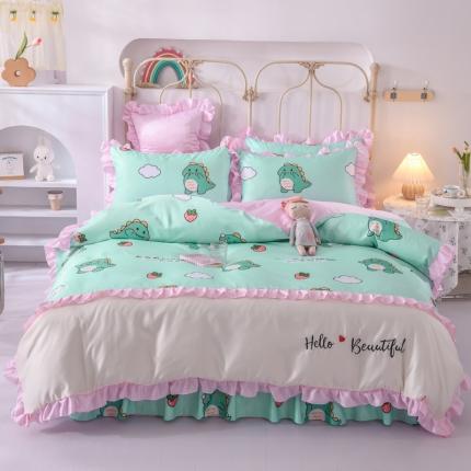 91家纺网 家纺一手货源 找家纺 (总)欧冠 2022新款水洗真丝床裙款刺绣印花四件套