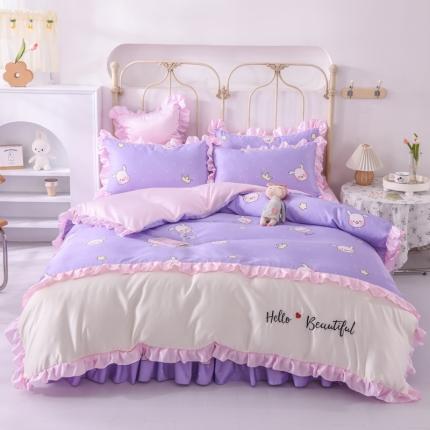 91家纺网 家纺一手货源 找家纺 (总)欧冠 2022新款水洗真丝床裙款刺绣印花四件套